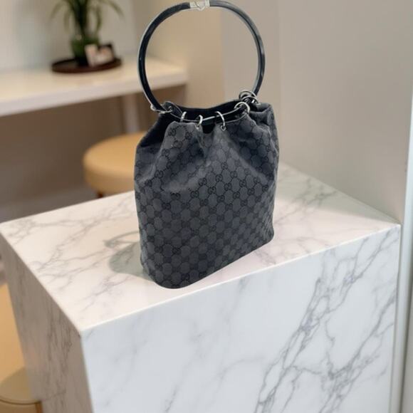 Gucci GG Monogram Bucket Bag Black Resin Ring Handles Vintage Frida Giannini - Picture 1 of 16